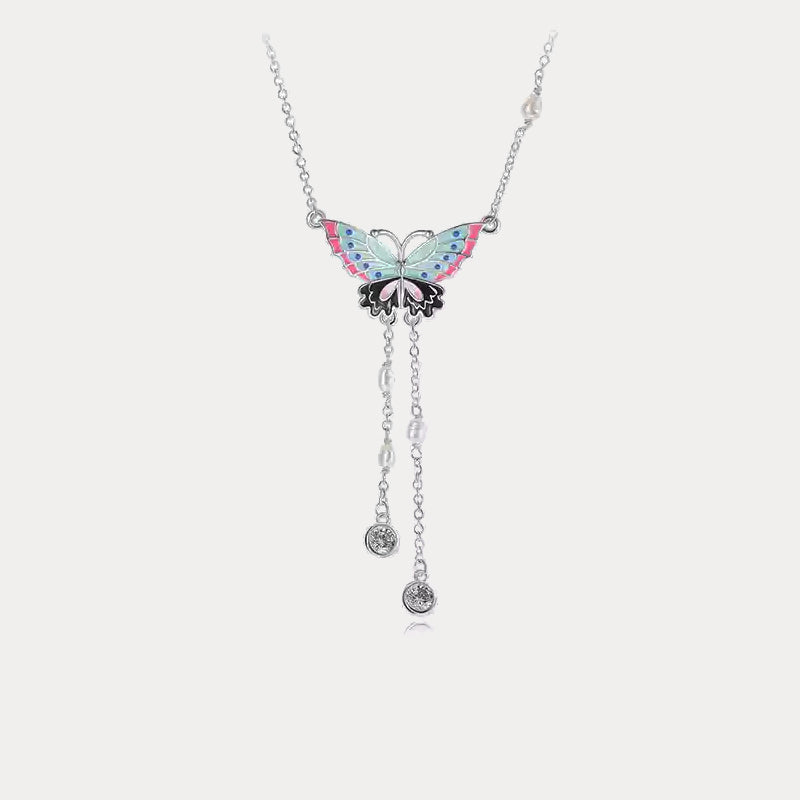 Silver Butterfly Enamel Necklace