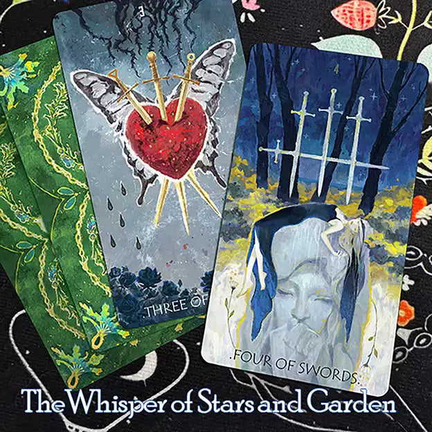 The Whisper of Stars and Garden Tarot card artwork and packaging