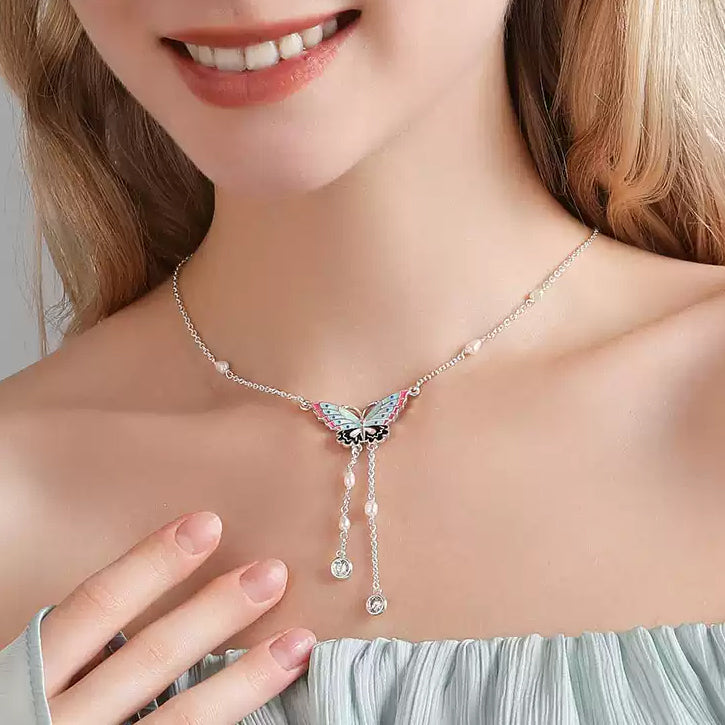 Silver Butterfly Enamel Necklace