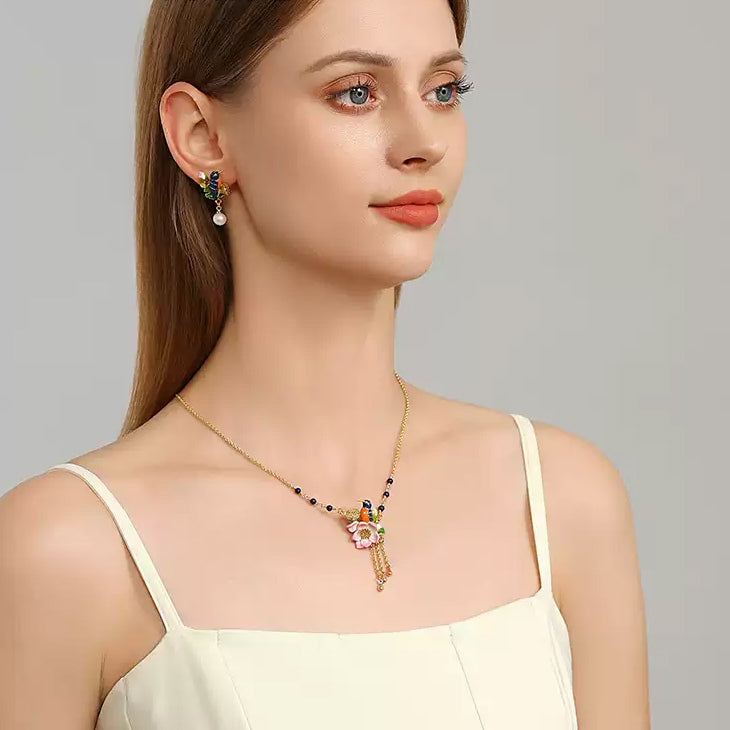 Lotus Kingfisher Enamel Necklace