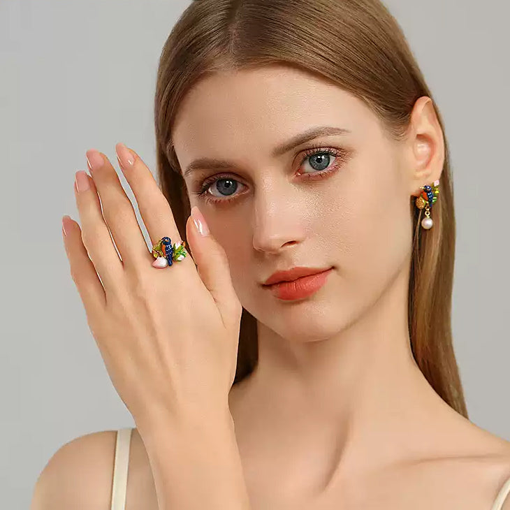 Lotus Kingfisher Enamel Ring