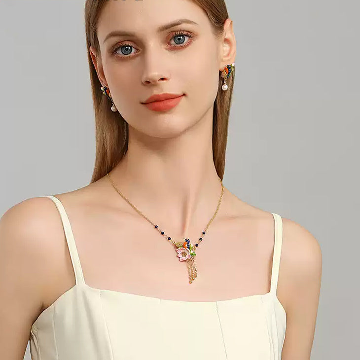 Lotus Kingfisher Enamel Necklace