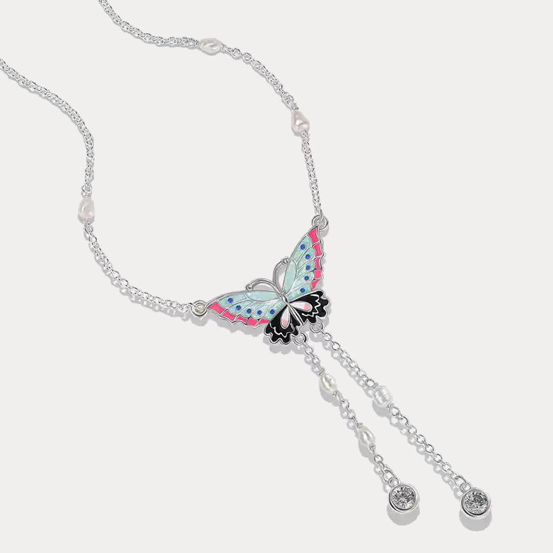 Silver Butterfly Enamel Necklace