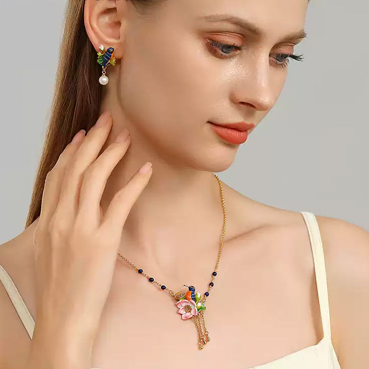 Lotus Kingfisher Pearl Earrings