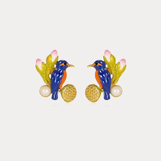 Lotus Kingfisher Enamel Earrings