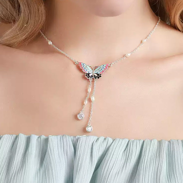 Silver Butterfly Enamel Necklace