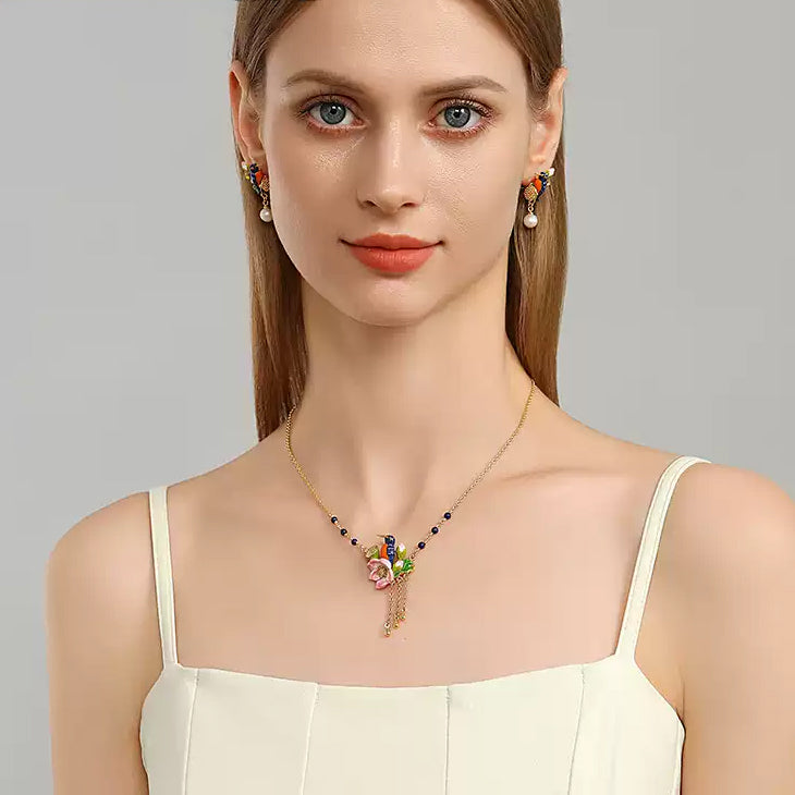 Lotus Kingfisher Enamel Necklace