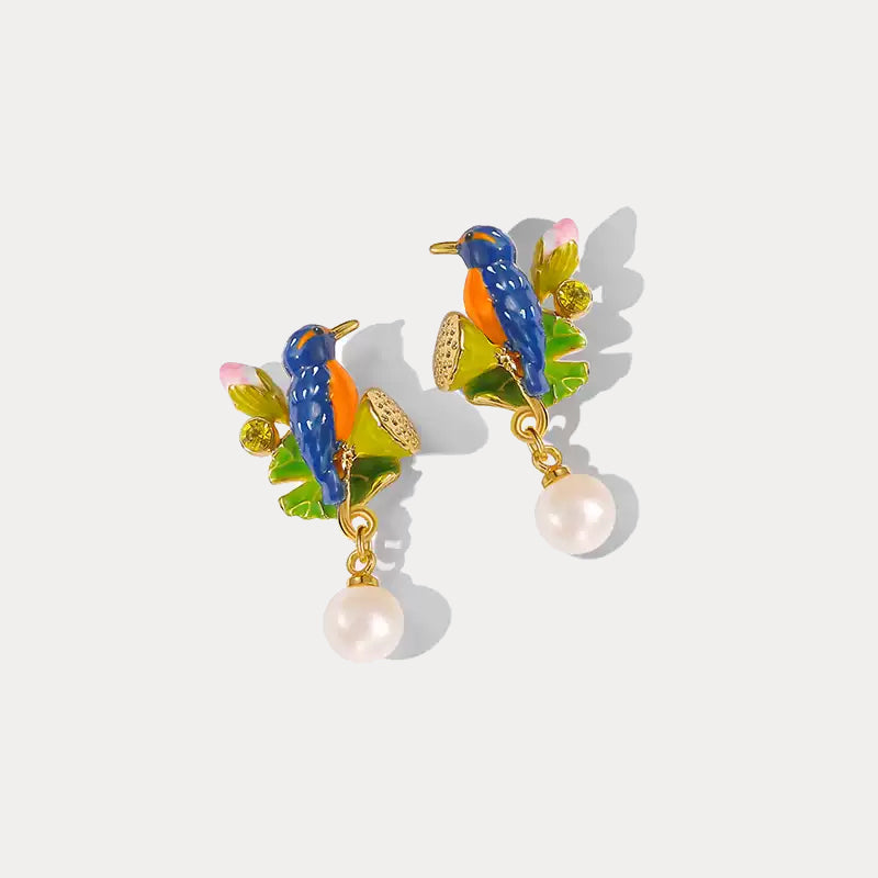 Lotus Kingfisher Pearl Earrings