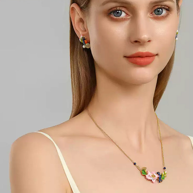 Lotus Kingfisher Enamel Earrings
