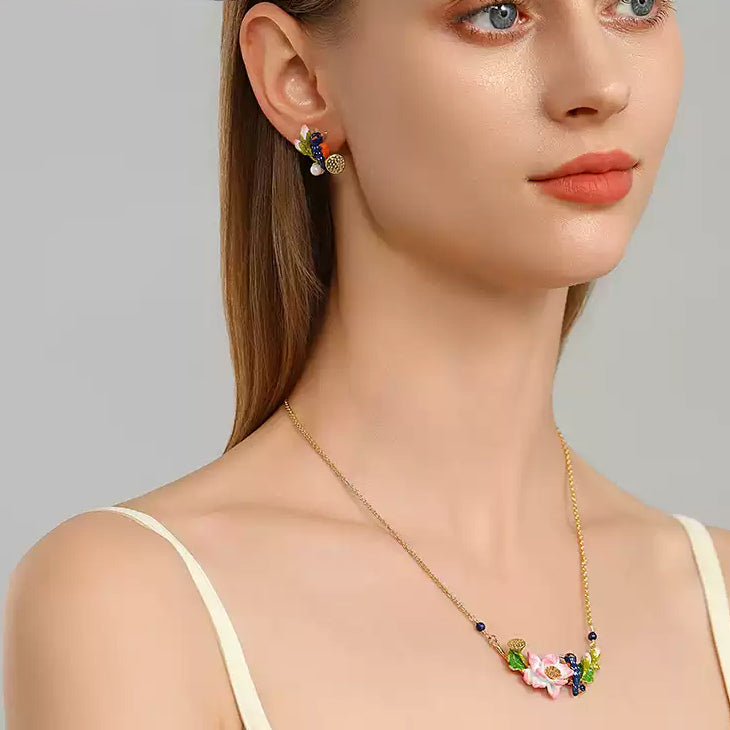 Lotus Kingfisher Enamel Earrings