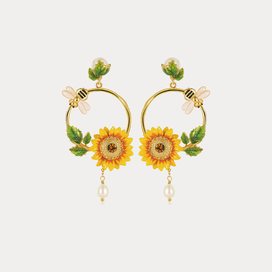 Sunflower Hoop Earrings With Pearl