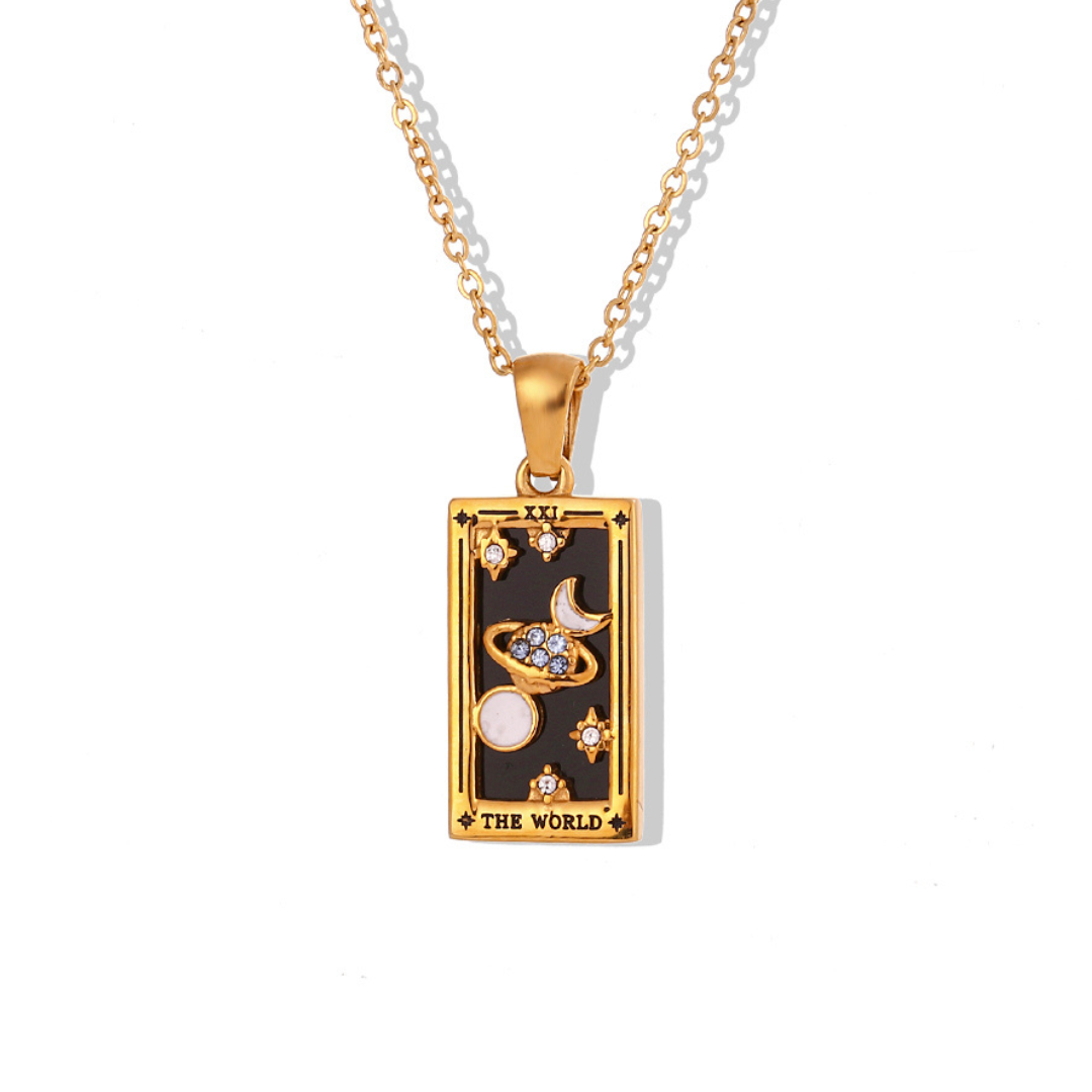 The World - Tarot card Dainty 18k Necklace with Black Enamel