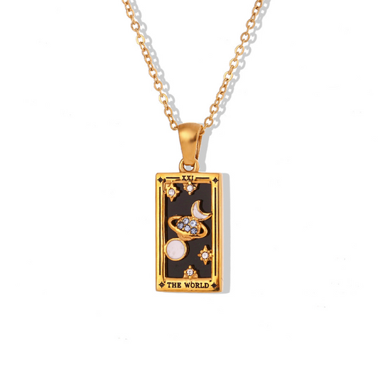 The World - Tarot card Dainty 18k Necklace with Black Enamel