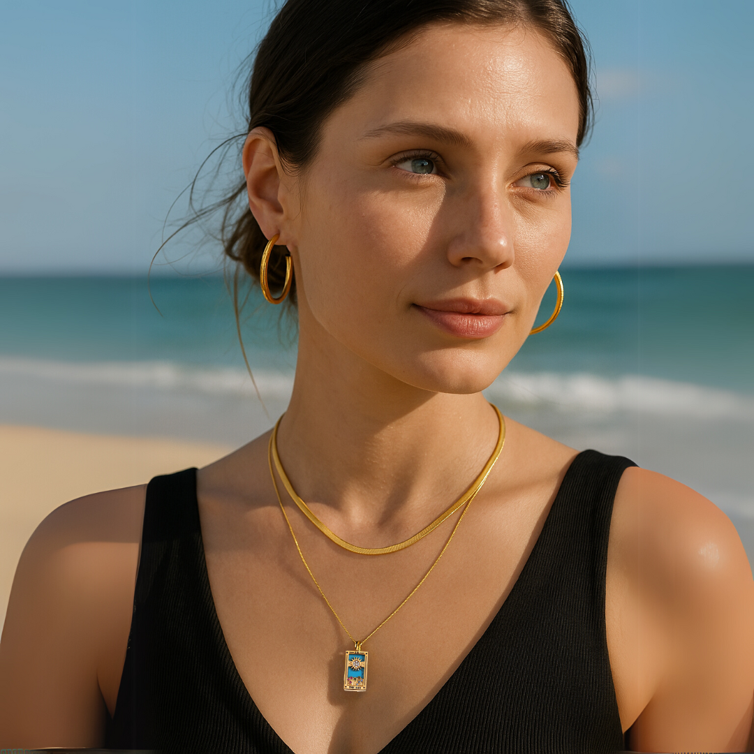 The Sun - Tarot card Dainty 18k Necklace with Blue Enamel