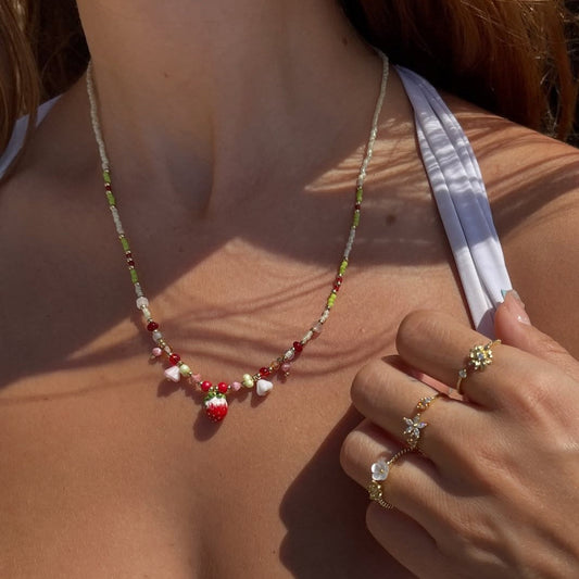 Czech Bead Strawberry Charm Necklace
