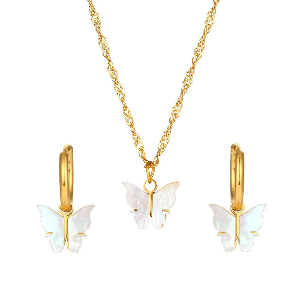 Butterfly Mother of Pearl Necklace and Earrings Set