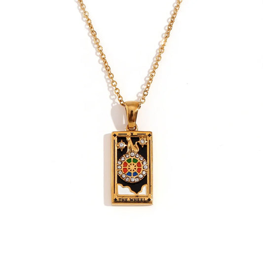 The Wheel - Tarot card Dainty 18k Necklace with Black Enamel