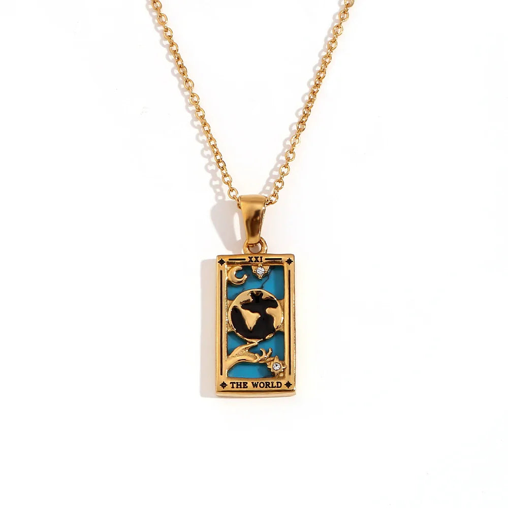 The World - Tarot Card 18k Dainty Necklace with Blue Enamel