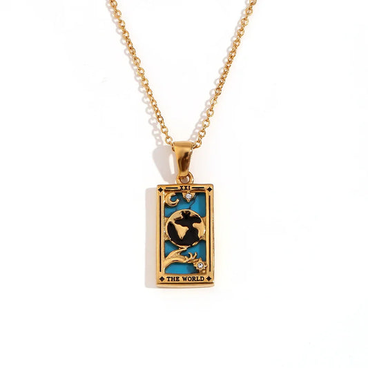 The World - Tarot Card 18k Dainty Necklace with Blue Enamel