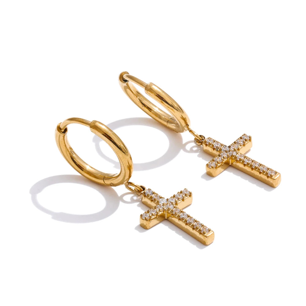 Dainty Cross Earrings Gold / Silver with Crystals